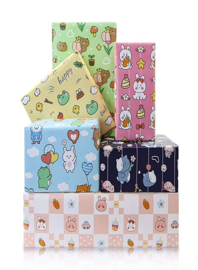 Unigift Colorful Animal Gift Wrapping Paper, 6 Folded Sheets Birthday Wrapping Paper Cute Frog Rabbit Bear Cat Gift Wrap Paper 20x28 inch for Baby Girl Boy Kid Baby Shower Children's Day Christmas Party - Image 1